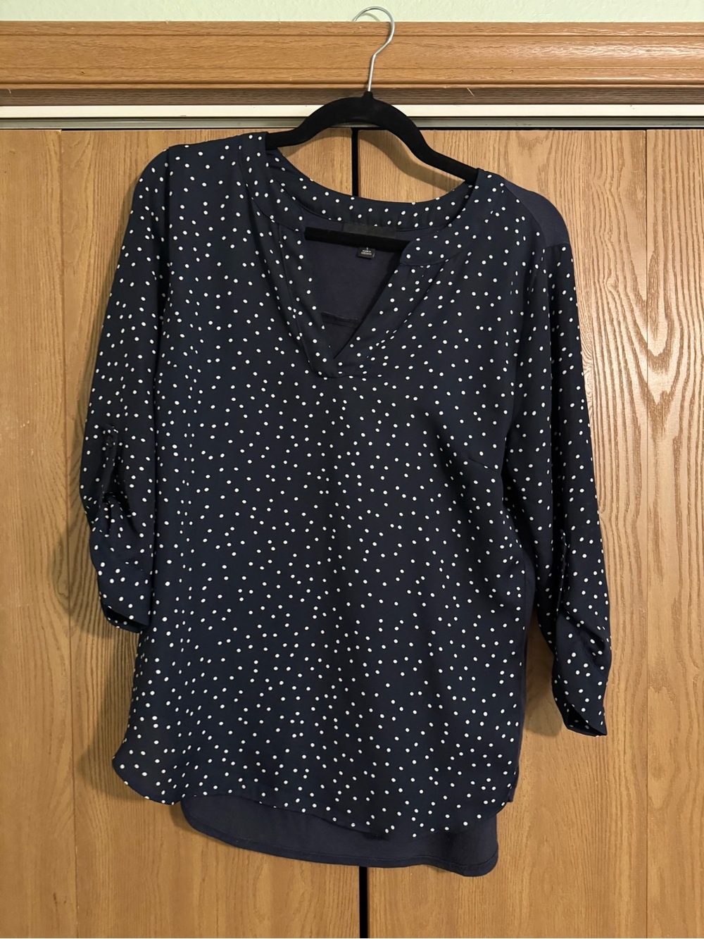 Navy Polka Dot V-Neck Women's Blouse